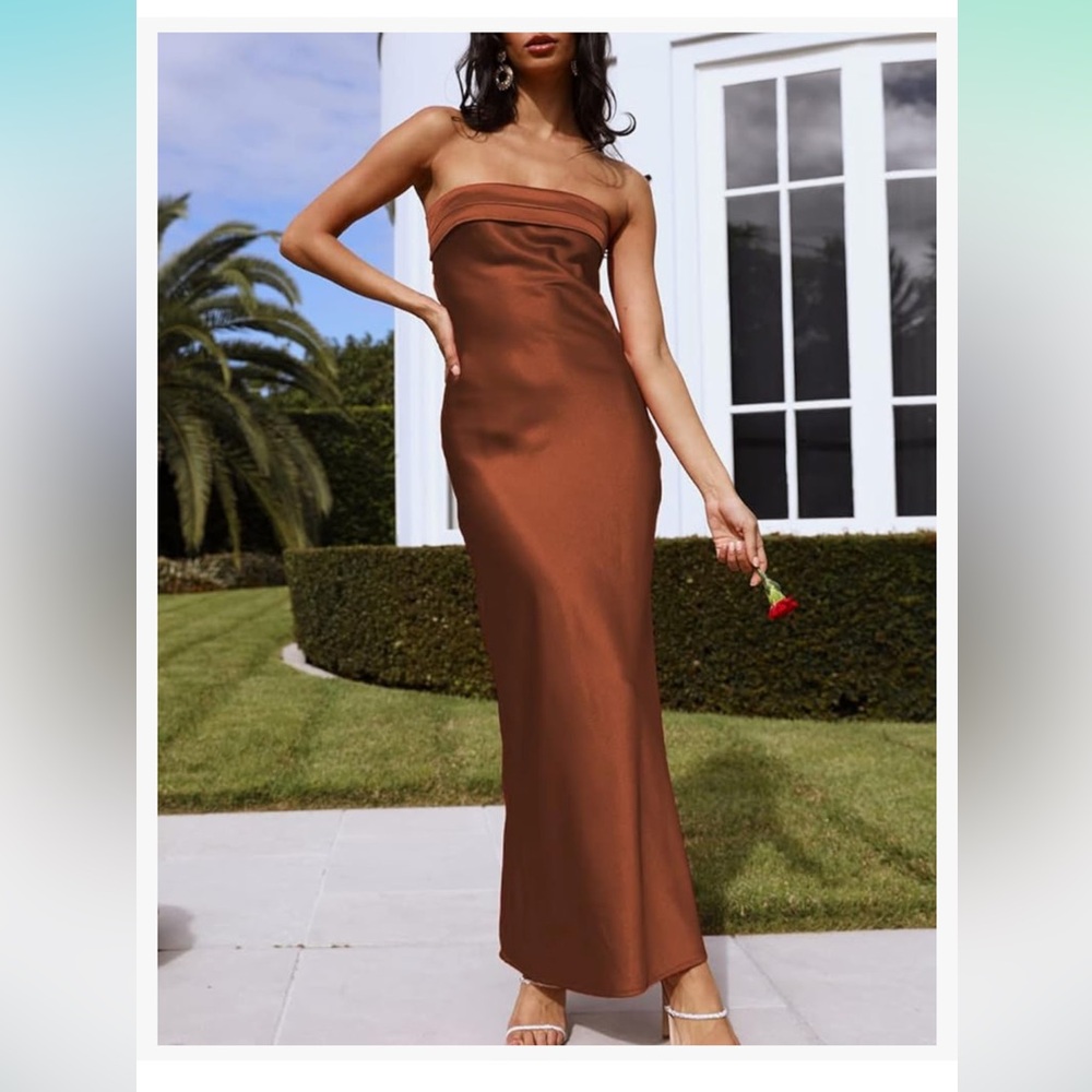 Satin backless maxi tube dress wedding guest bridesmaid burnt orange large